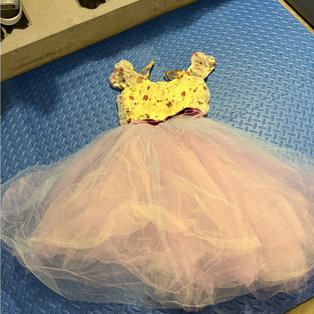 Revolution Yellow Floral Dance Dress with Pink Tulle Skirt